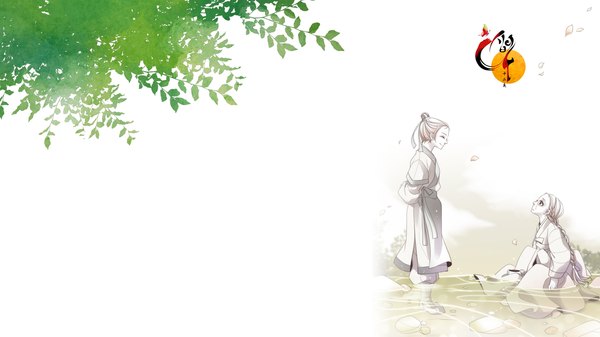 Anime picture 1920x1080 with twelve nights dan ah yi hwi muryui long hair highres short hair smile wide image white background traditional clothes black eyes couple tears girl boy leaf (leaves)