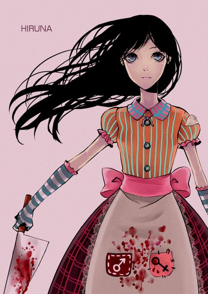 Anime picture 900x1271 with american mcgee's alice (game) alice: madness returns alice (american mcgee's) hiruna454 long hair tall image blue eyes black hair simple background holding wind looking up striped pink background girl gloves elbow gloves blood apron knife