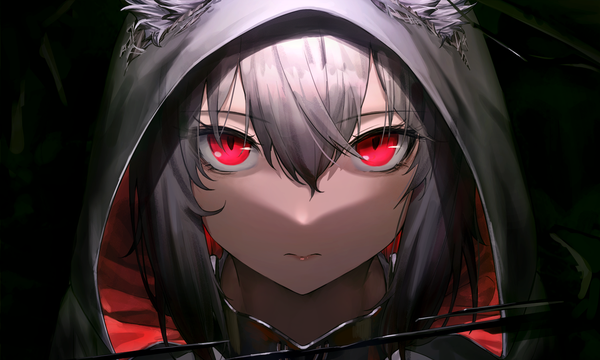 Anime picture 1500x900 with original mincho single looking at viewer fringe short hair simple background hair between eyes red eyes wide image animal ears grey hair black background close-up shaded face face expressionless wolf ears wolf girl 3: