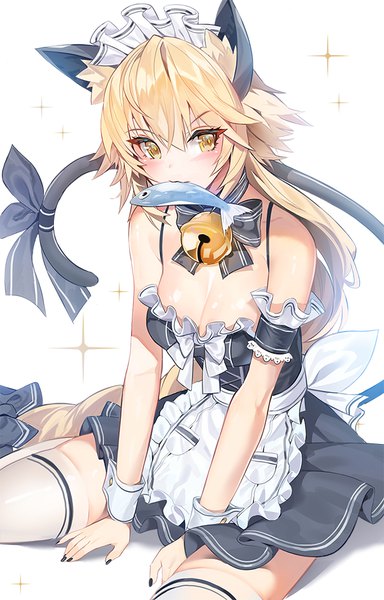 Anime picture 641x1000 with fate (series) fate/apocrypha jeanne d'arc (fate) (all) jeanne d'arc (fate) damda single long hair tall image looking at viewer blush fringe breasts light erotic simple background blonde hair hair between eyes white background sitting bare shoulders holding