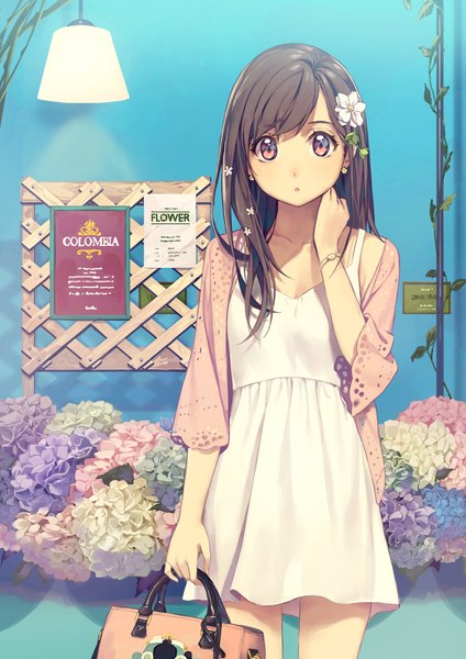Anime picture 1200x1697 with original yohan12 single long hair tall image looking at viewer fringe open mouth simple background brown hair standing holding pink eyes hair flower inscription :o light blue background girl dress