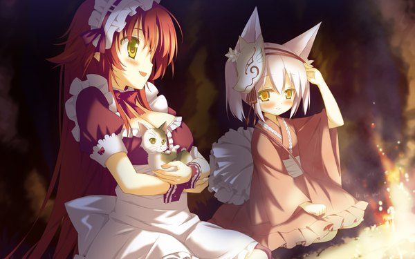 Anime picture 2048x1280 with irotoridori no sekai minami kana (irotoridori) ren (irotoridori no sekai) shida kazuhiro long hair blush highres short hair wide image multiple girls animal ears yellow eyes game cg white hair red hair traditional clothes japanese clothes maid loli girl