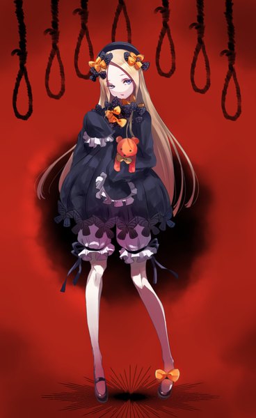 Anime picture 1440x2348 with fate (series) fate/grand order abigail williams (fate) kayanogura single long hair tall image blue eyes blonde hair standing looking away full body long sleeves red background girl dress bow hair bow hat black dress