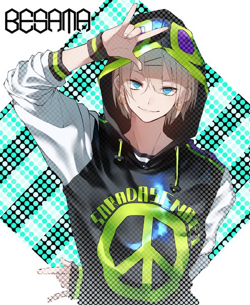 Anime-Bild 2489x3037 mit original yukishima bema single tall image looking at viewer fringe highres short hair blue eyes blonde hair hair between eyes white background upper body arm up light smile inscription arm behind back clothes writing twisty sleeves fox shadow puppet