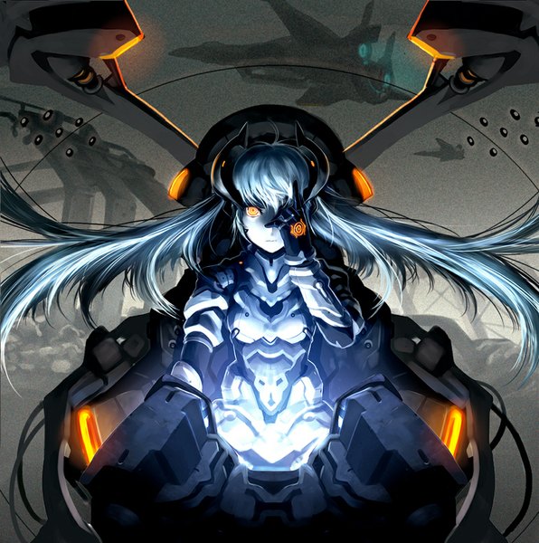Anime picture 1089x1098 with original damin (won) long hair tall image looking at viewer fringe sitting grey hair orange eyes light serious covering eye (eyes) girl armor wire (wires) pilot suit mecha aircraft airplane