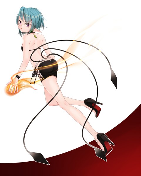 Anime picture 1200x1500 with original gotoh510 single tall image looking at viewer fringe short hair open mouth simple background white background purple eyes bare shoulders blue hair full body tail looking back pointy ears high heels back bare back