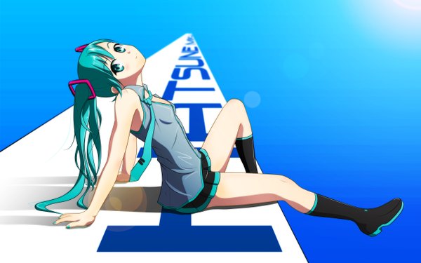 Anime picture 2560x1600 with vocaloid hatsune miku single long hair highres wide image twintails aqua eyes aqua hair sleeveless girl