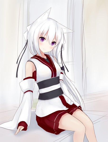 Anime picture 1334x1760 with original guo582 single long hair tall image looking at viewer blush fringe smile hair between eyes white background sitting purple eyes animal ears payot bent knee (knees) white hair traditional clothes head tilt japanese clothes