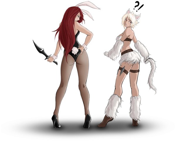 Anime picture 2000x1600 with league of legends katarina (league of legends) riven (league of legends) tagme (artist) long hair blush highres short hair light erotic simple background red eyes white background bare shoulders multiple girls animal ears ass white hair red hair tail animal tail