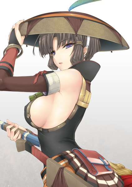 Anime picture 600x849 with monster hunter monster hunter portable 3rd yukumo (armor) kizuki aruchu single tall image fringe short hair light erotic simple background brown hair white background purple eyes bare shoulders parted lips sideboob turning head arched back adjusting hat girl
