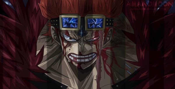 Anime picture 5996x3070 with one piece toei animation eustass kid amanomoon single looking at viewer highres short hair open mouth wide image brown eyes signed absurdres upper body red hair teeth sweat fur trim coloring scar