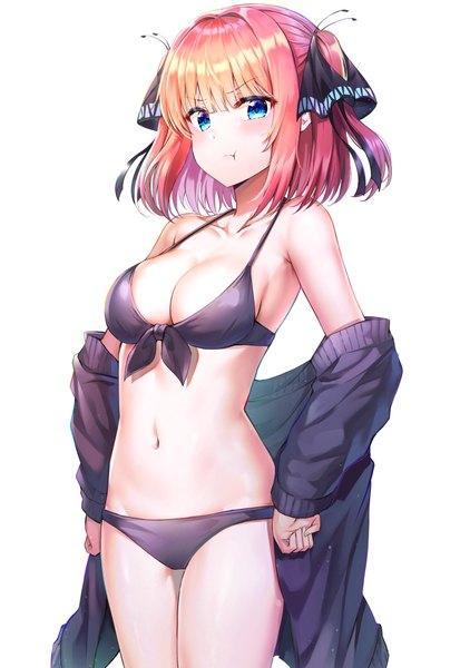 Anime picture 2861x4157 with go-toubun no hanayome nakano nino nyung single tall image looking at viewer blush fringe highres short hair breasts blue eyes light erotic simple background large breasts standing white background bare shoulders pink hair cleavage