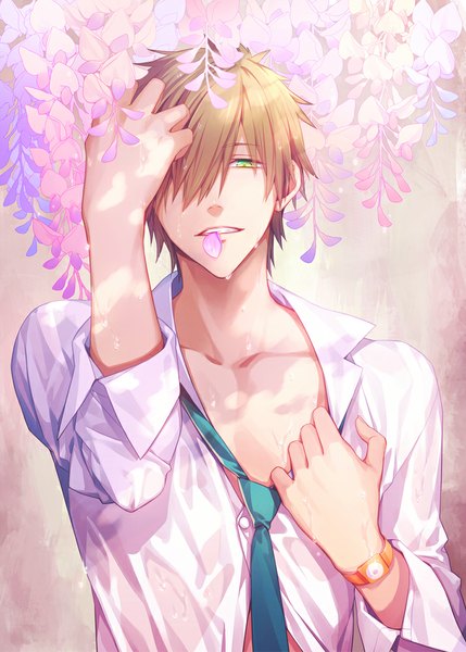 Anime picture 715x1000 with free! kyoto animation tachibana makoto ali-chino single tall image looking at viewer fringe short hair blonde hair holding green eyes hair over one eye wet mouth hold wet clothes hand on head partially open clothes wet shirt boy