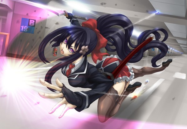 Anime picture 1544x1067 with original teku (2nd escape) single long hair open mouth light erotic black hair purple eyes ponytail girl thighhighs uniform weapon black thighhighs school uniform sword garter straps