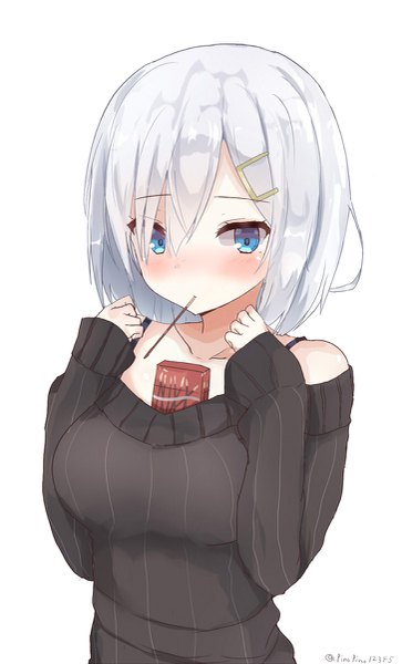 Anime picture 727x1200 with kantai collection hamakaze destroyer pinoaisu single tall image looking at viewer blush fringe short hair breasts blue eyes hair between eyes large breasts bare shoulders signed silver hair upper body twitter username sleeves past wrists food in mouth