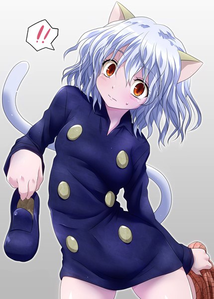 Anime picture 1074x1500 with hunter x hunter neferupito watarui single tall image looking at viewer short hair light erotic simple background red eyes silver hair tail head tilt animal tail cat girl cat tail sweat gradient background undressing shoes removed