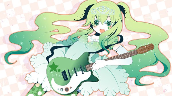 Anime picture 1024x576 with vocaloid hatsune miku arishiki long hair blush wide image twintails green eyes multicolored hair green hair gradient hair girl gloves elbow gloves musical instrument guitar
