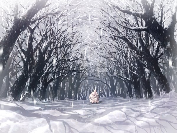 Anime picture 1600x1200 with original mori (pixiv11554684) shadow snowing winter snow no people bare tree plant (plants) animal tree (trees) forest sheep