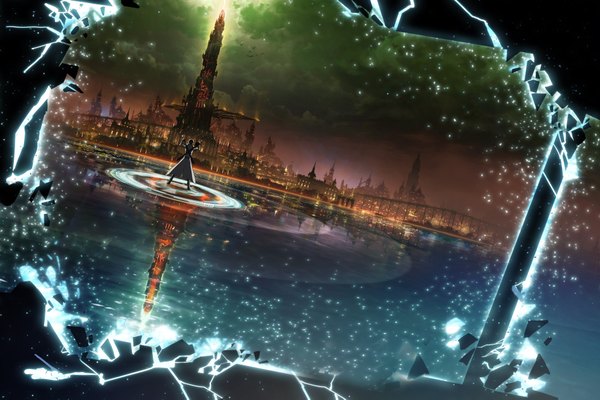 Anime picture 1900x1267 with sword art online a-1 pictures kirigaya kazuto single highres short hair black hair standing holding cloud (clouds) outdoors long sleeves official art dutch angle back city reflection cityscape city lights boy