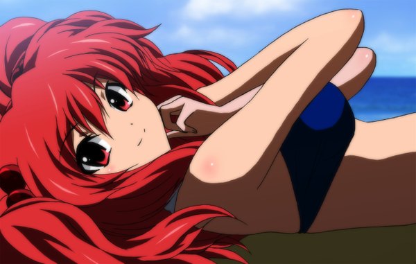 Anime picture 1337x850 with touhou onozuka komachi yadokari genpachirou single long hair looking at viewer red eyes red hair lying girl swimsuit bikini