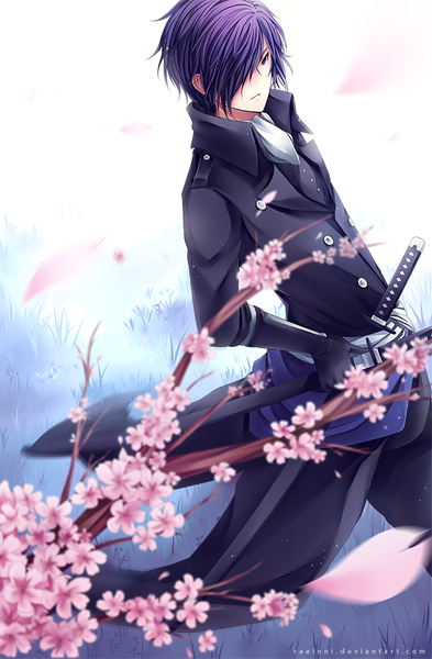Anime picture 721x1100 with hakuouki shinsengumi kitan studio deen saito hajime raeinni single tall image fringe short hair holding purple hair hair over one eye from below cherry blossoms dual wielding boy gloves flower (flowers) weapon plant (plants) petals