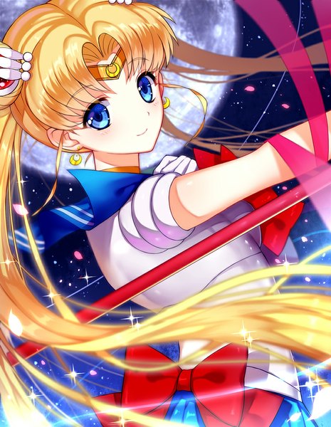 Anime picture 800x1032 with bishoujo senshi sailor moon toei animation tsukino usagi sailor moon s a~ single long hair tall image looking at viewer fringe blue eyes blonde hair smile twintails pleated skirt hair bun (hair buns) crescent shiny girl skirt
