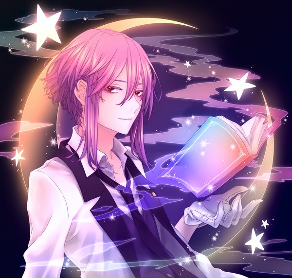 Anime picture 2200x2100 with shoumetsu toshi madhouse toraomu yoizuru single looking at viewer fringe highres short hair simple background hair between eyes red eyes payot purple hair upper body magic black background expressionless boy gloves