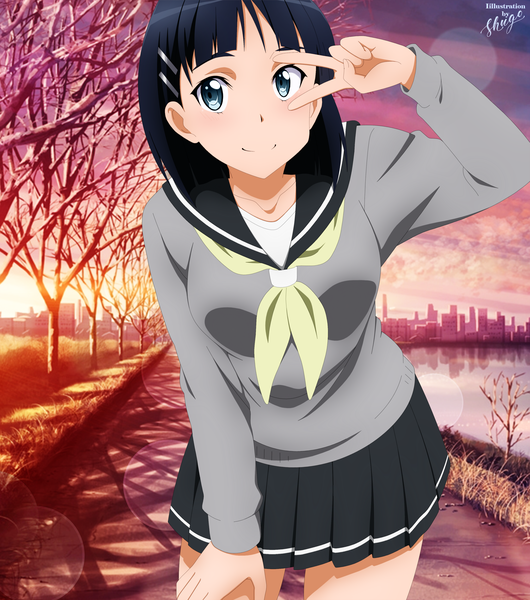 Anime picture 2206x2500 with sword art online a-1 pictures kirigaya suguha shugo19 single tall image looking at viewer blush fringe highres short hair breasts blue eyes black hair smile large breasts standing signed sky cloud (clouds)