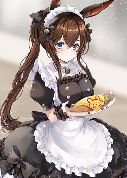 Anime picture 945x1326 with arknights amiya (arknights) hinahino single long hair tall image blush fringe blue eyes hair between eyes brown hair signed animal ears ponytail maid bunny ears puffy sleeves twitter username bell collar dust
