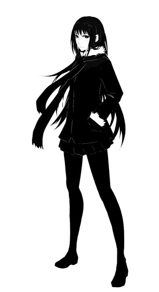 Anime picture 561x1024 with mahou shoujo madoka magica shaft (studio) akemi homura tagme (artist) single long hair tall image looking at viewer fringe black hair simple background white background black eyes monochrome hands in pockets girl skirt miniskirt hairband scarf