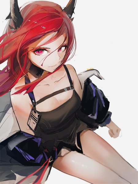 Anime picture 5400x7200 with arknights surtr (arknights) mackia single long hair tall image looking at viewer fringe highres breasts simple background hair between eyes white background sitting bare shoulders absurdres cleavage pink eyes horn (horns) from above