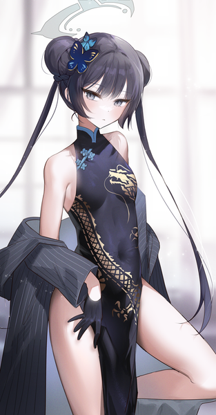 Anime picture 2205x4226 with blue archive kisaki (blue archive) nannaspad single long hair tall image looking at viewer highres light erotic black hair twintails bent knee (knees) traditional clothes black eyes hair bun (hair buns) covered navel chinese clothes side slit girl gloves