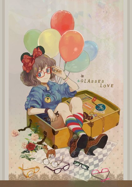 Anime picture 2480x3508 with saya (mychristian2) single tall image highres short hair blue eyes smile brown hair sitting girl flower (flowers) bow hair bow socks glasses rose (roses) balloon suitcase striped socks deer