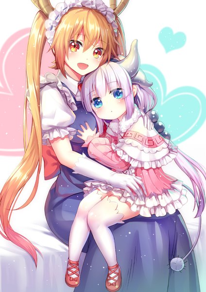 Anime picture 707x1000 with kobayashi-san chi no maidragon kyoto animation kanna kamui tooru (maidragon) moyu long hair tall image looking at viewer blush fringe breasts open mouth blue eyes hair between eyes sitting twintails multiple girls purple hair :d horn (horns)