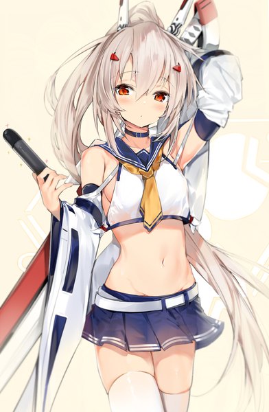 Anime picture 1194x1828 with azur lane ayanami (azur lane) silver (chenwen) single long hair tall image looking at viewer blush fringe light erotic simple background hair between eyes standing bare shoulders payot silver hair ponytail pleated skirt arm up wide sleeves