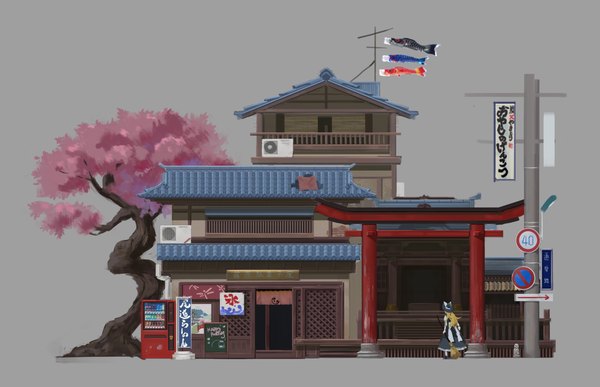 Anime picture 6371x4107 with touhou kirisame marisa yuzhou xingshi bu li dong ni single long hair highres blonde hair standing absurdres grey hair from behind cherry blossoms architecture east asian architecture girl dress plant (plants) hat tree (trees) black dress
