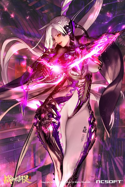 Anime picture 1600x2400 with blade & soul nightmadness single tall image looking at viewer breasts light erotic large breasts holding yellow eyes white hair ponytail braid (braids) very long hair parted lips lips copyright name glowing weapon crossed legs (standing) girl