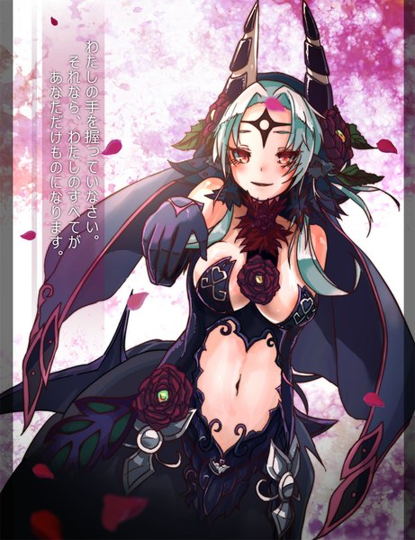 Anime picture 769x1000 with monster girl encyclopedia bicorn (monster girl encyclopedia) rocknroll (artist) single long hair tall image looking at viewer blush breasts light erotic smile horn (horns) grey hair text outstretched arm facial mark monster girl girl gloves navel