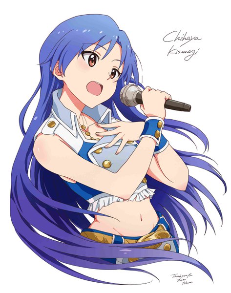 Anime picture 2148x2721 with idolmaster idolmaster (classic) kisaragi chihaya ayano yuu (sonma 1426) single long hair tall image highres open mouth simple background white background brown eyes blue hair looking away upper body midriff character names groin hand on chest singing