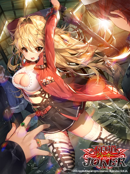 Anime picture 600x800 with joker ~gang road~ sorolp long hair tall image blush fringe short hair breasts open mouth light erotic blonde hair hair between eyes red eyes brown hair large breasts standing holding ahoge bent knee (knees) outdoors