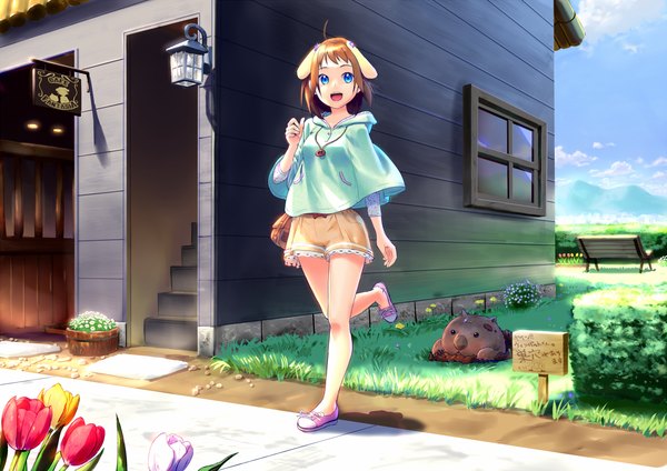 Anime picture 1168x827 with original cojibou single short hair open mouth blue eyes brown hair animal ears girl flower (flowers) animal shorts pendant house