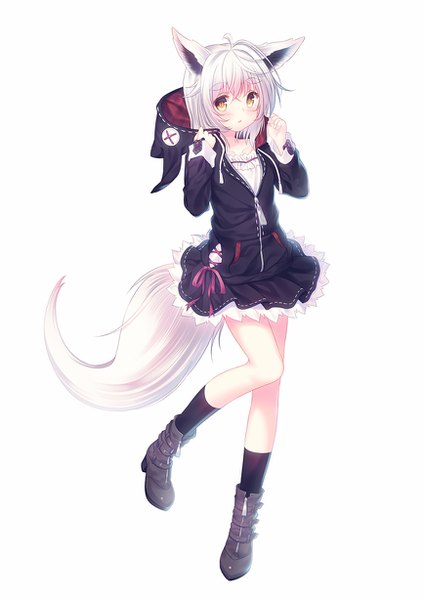 Anime picture 868x1228 with original misaki yuu (dstyle) single tall image blush fringe short hair simple background hair between eyes standing white background brown eyes animal ears silver hair full body ahoge tail animal tail fox ears fox tail