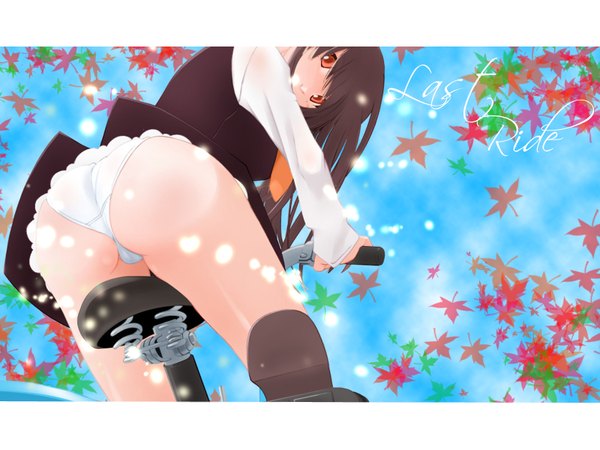 Anime picture 1600x1200 with long hair light erotic from behind pantyshot underwear panties leaf (leaves) ground vehicle autumn leaves bicycle