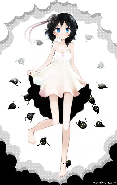 Anime picture 945x1500 with original yami shoujo morina nao single tall image looking at viewer blush short hair breasts blue eyes black hair standing white background barefoot hair flower loli no shoes flat chest shirt lift girl