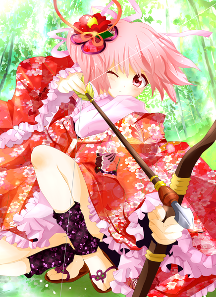 Anime picture 1275x1755 with mahou shoujo madoka magica shaft (studio) kaname madoka yuiyuimoe tall image short hair red eyes pink hair one eye closed hair flower wink girl hair ornament ribbon (ribbons) hair ribbon bow (weapon) arrow (arrows)