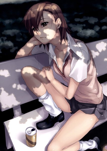 Anime picture 2129x3000 with to aru kagaku no railgun j.c. staff misaka mikoto pua single tall image fringe highres short hair light erotic brown hair sitting brown eyes bent knee (knees) pleated skirt scan shadow legs girl skirt