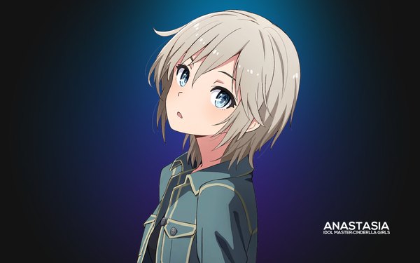 Anime picture 1920x1200 with idolmaster idolmaster cinderella girls anastasia (idolmaster) assassinwarrior yahiro (epicopeiidae) single looking at viewer highres short hair blue eyes simple background ahoge parted lips inscription open clothes open jacket character names text dark background blue background