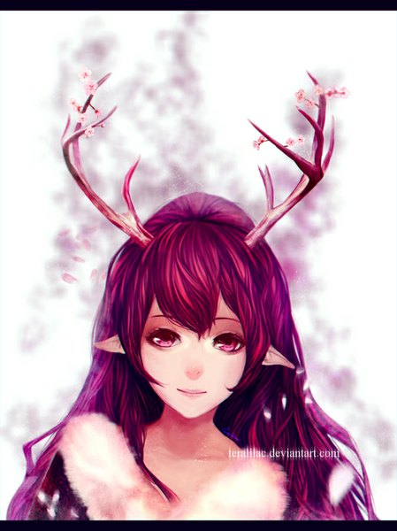 Anime picture 674x900 with original teralilac single long hair tall image looking at viewer fringe smile pink hair pink eyes horn (horns) pointy ears cherry blossoms girl plant (plants) petals tree (trees) fur