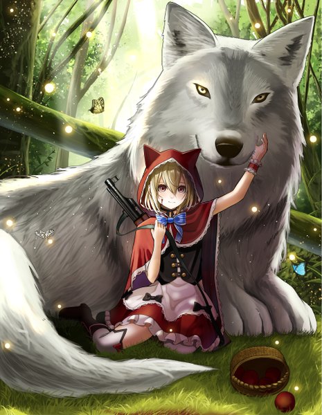 Anime picture 951x1228 with little red riding hood original kentaurosu single tall image looking at viewer fringe short hair blonde hair smile hair between eyes red eyes sitting yellow eyes full body bent knee (knees) arm up light smile sunlight shadow