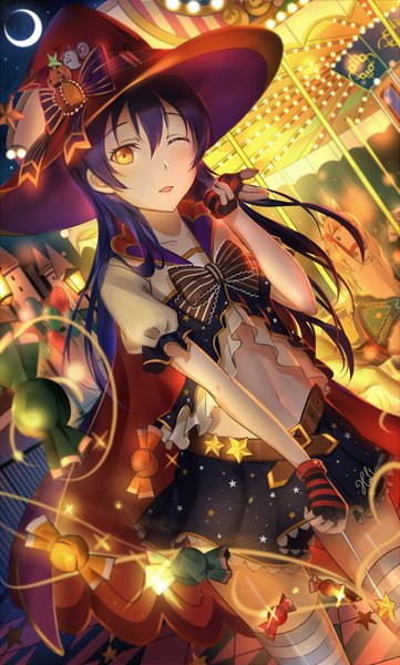 Anime picture 1205x2000 with love live! school idol project sunrise (studio) love live! sonoda umi lu'' single long hair tall image looking at viewer blush yellow eyes purple hair one eye closed wink night halloween crescent girl thighhighs skirt